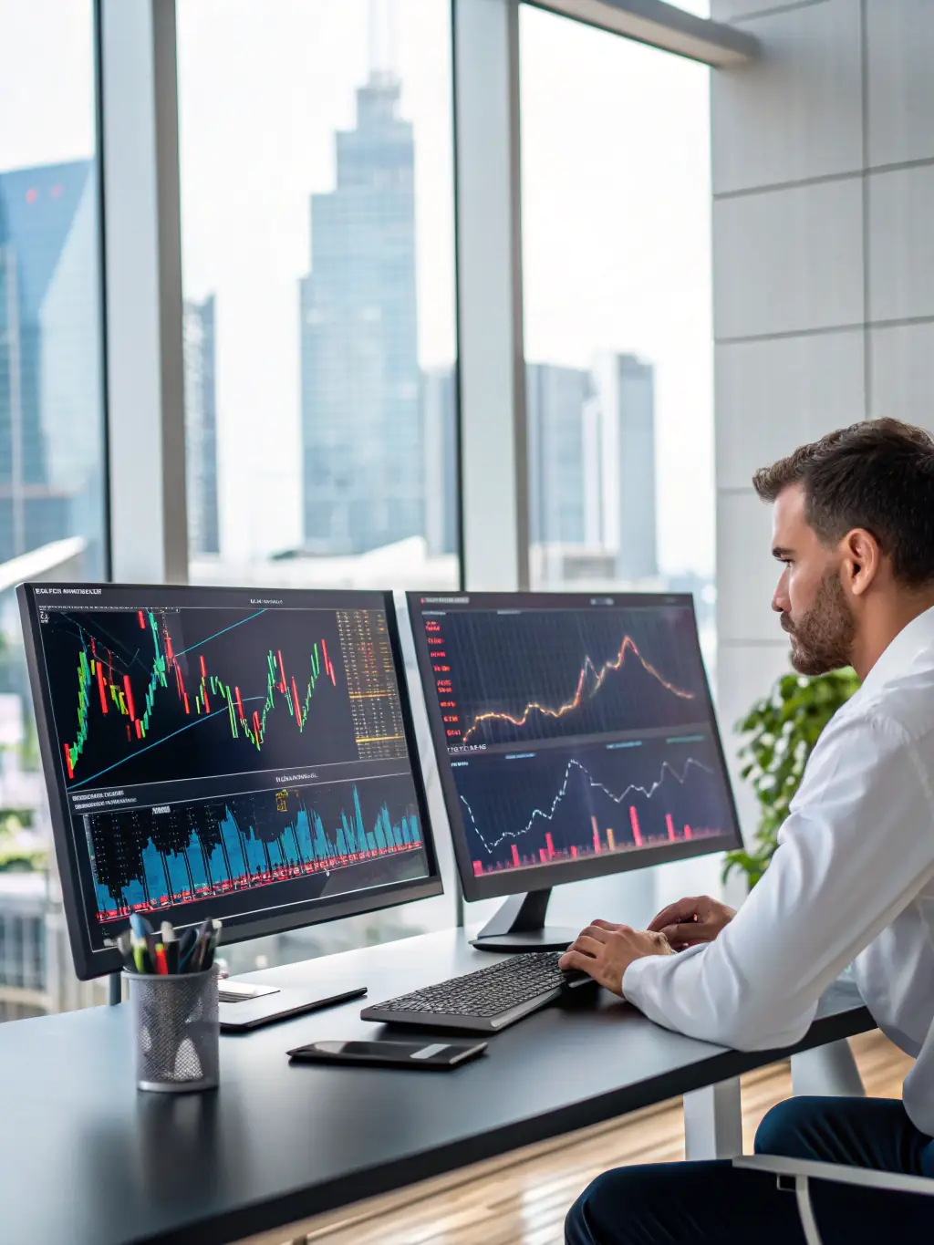 An image of a data analyst working on dashboards and data visualizations on multiple screens, showcasing Bizzykzcon's Analytics & Data Insights service.