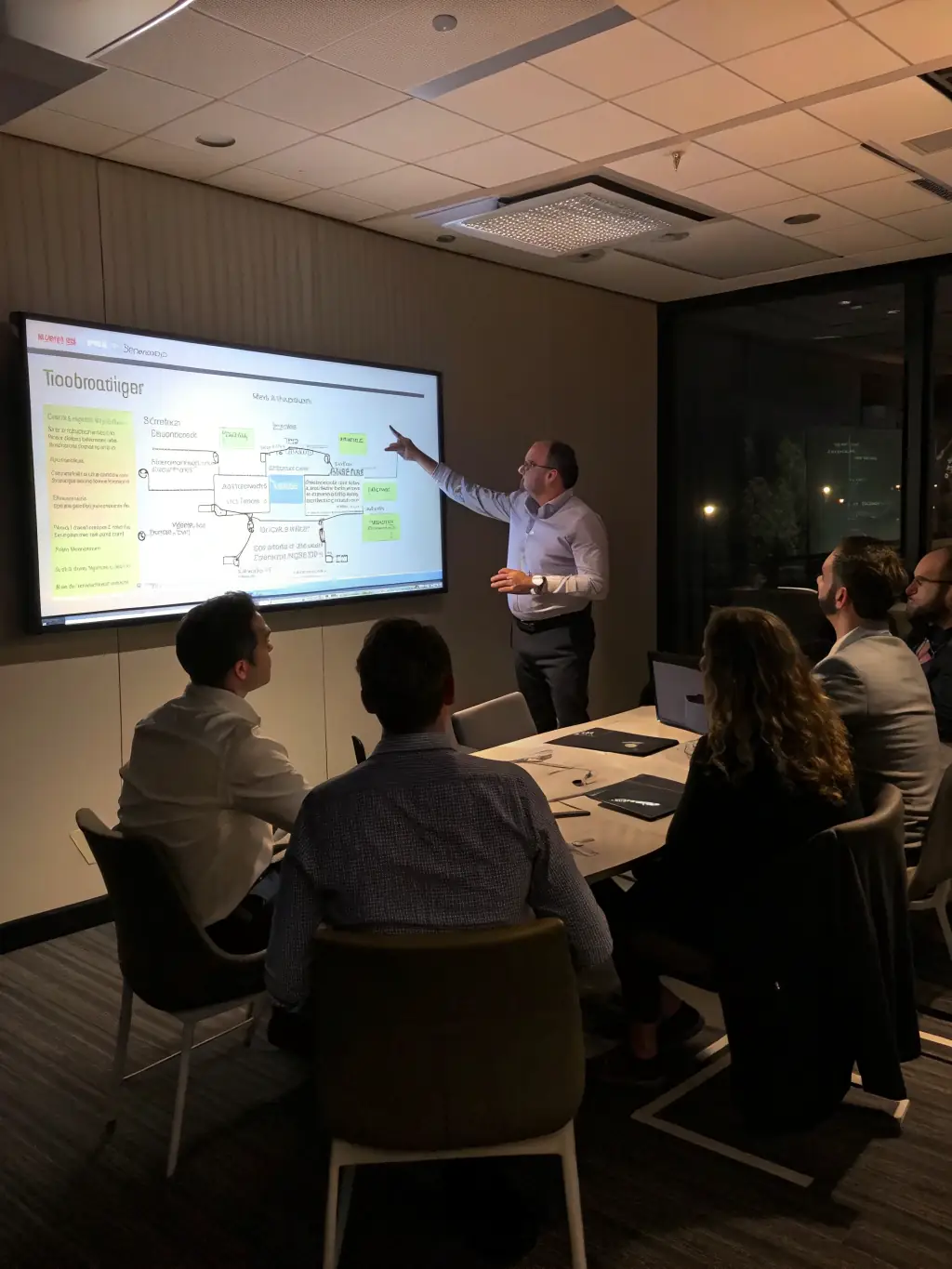 A photo of a business leader presenting to a team in a modern office environment, illustrating Bizzykzcon's Management Consulting service.