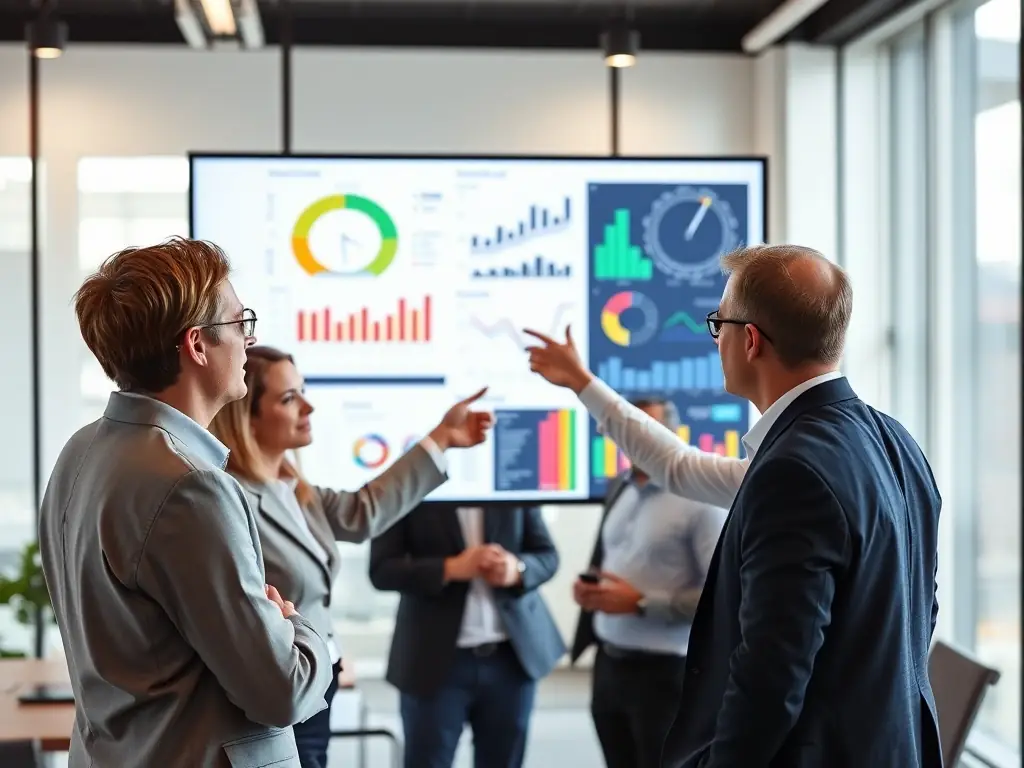 A professional consultant is presenting a strategic plan to a diverse team in a modern office setting, emphasizing collaboration and data-driven decision-making.