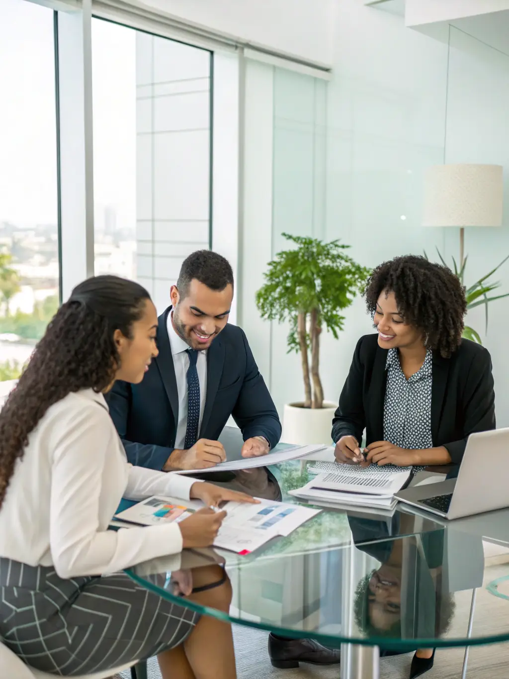 A team of consultants collaborating around a table, analyzing data and discussing management strategies in a brightly lit conference room.