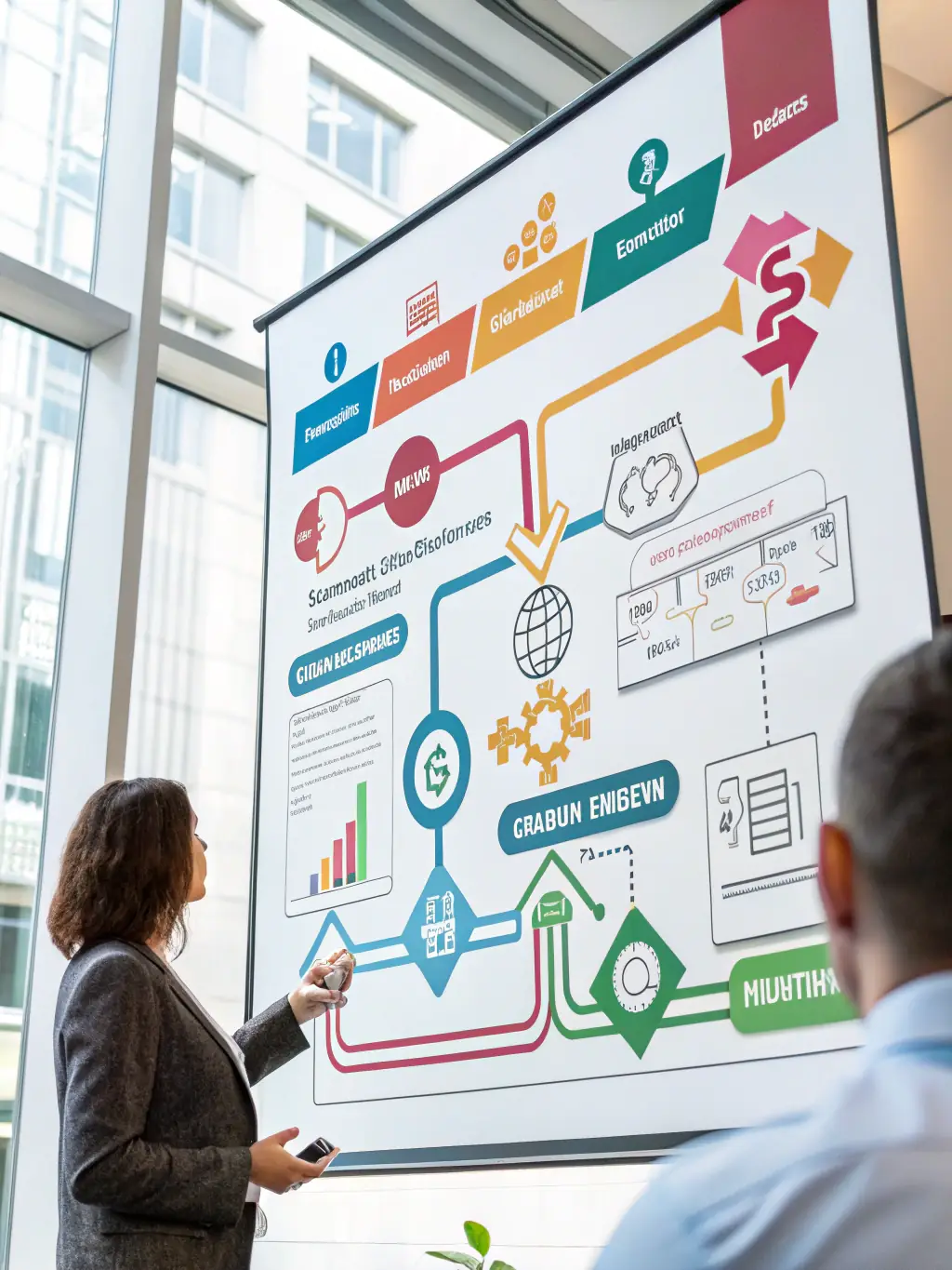 A flowchart illustrating a streamlined business process, with consultants working to optimize each step for maximum efficiency.