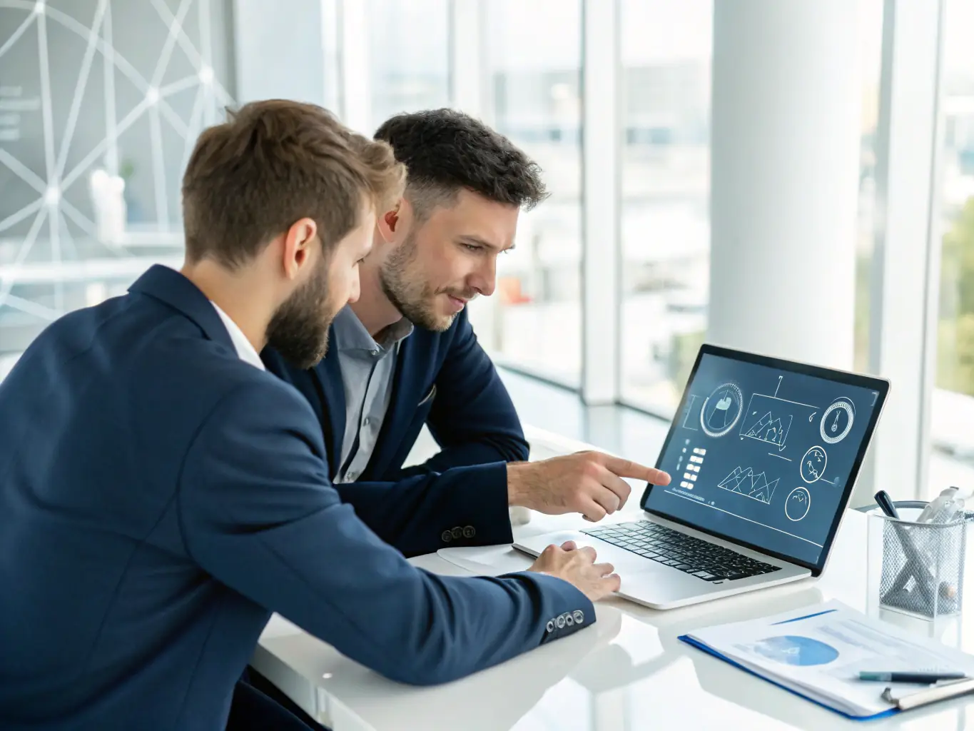A consultant presenting a business strategy to a client in a modern office, highlighting Bizzykzcon's commitment to delivering tailored solutions.