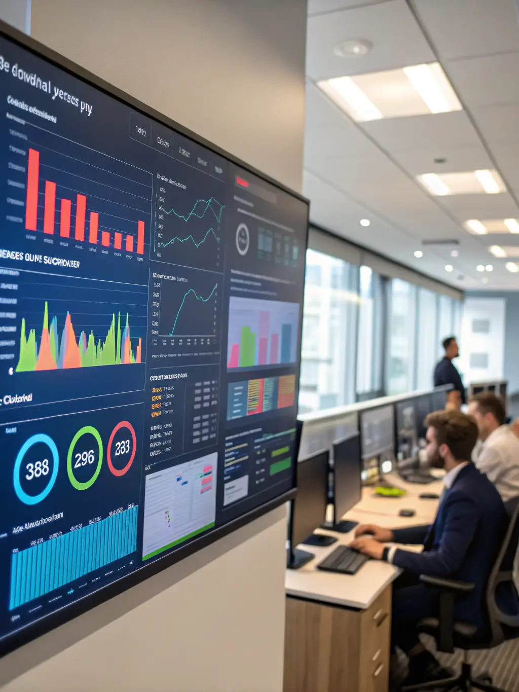 A dashboard displaying various data analytics charts and graphs, with a consultant pointing to key insights during a presentation.