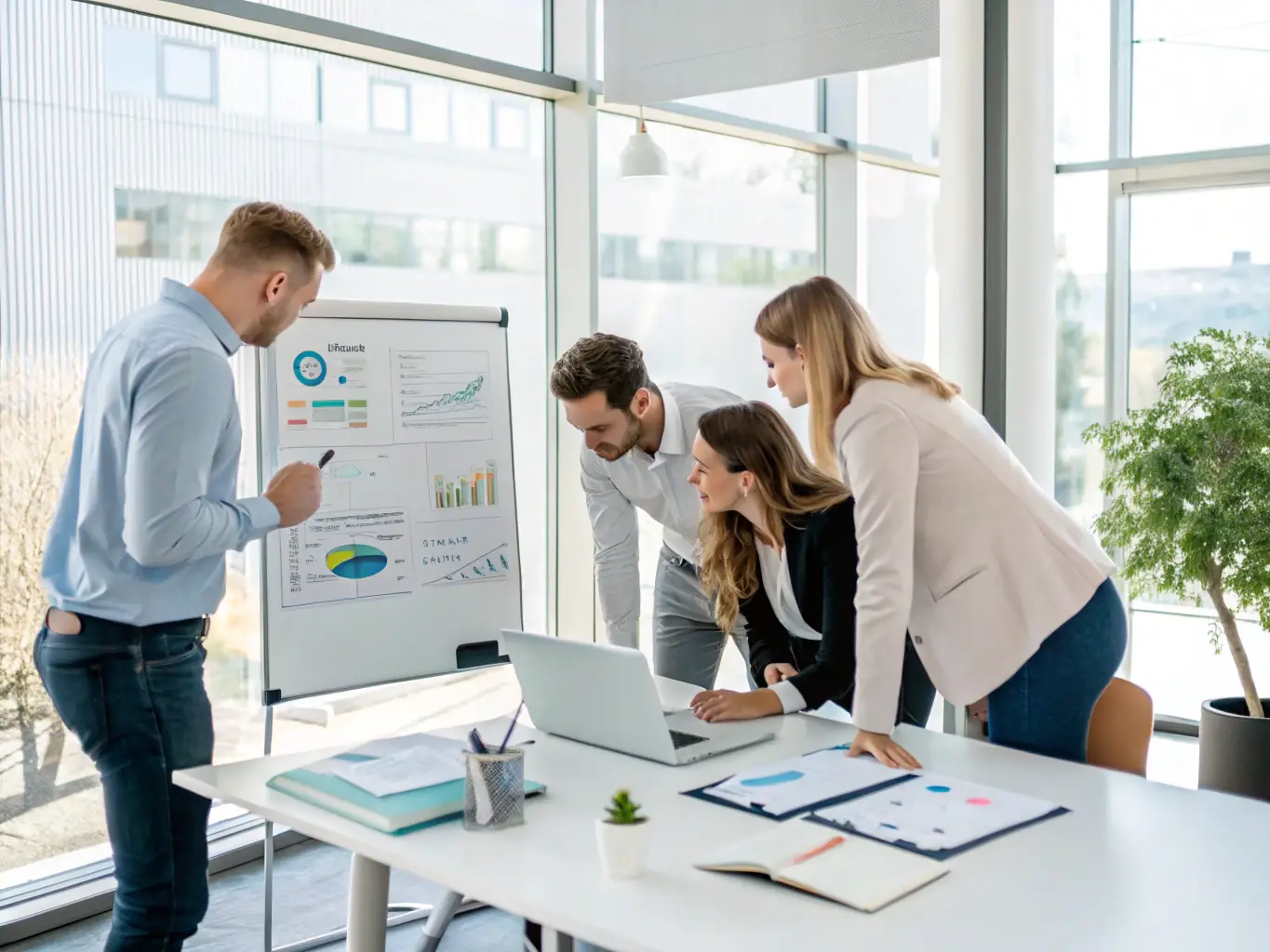 A team of consultants is analyzing data on laptops and whiteboards, focusing on identifying key insights and optimizing business processes.