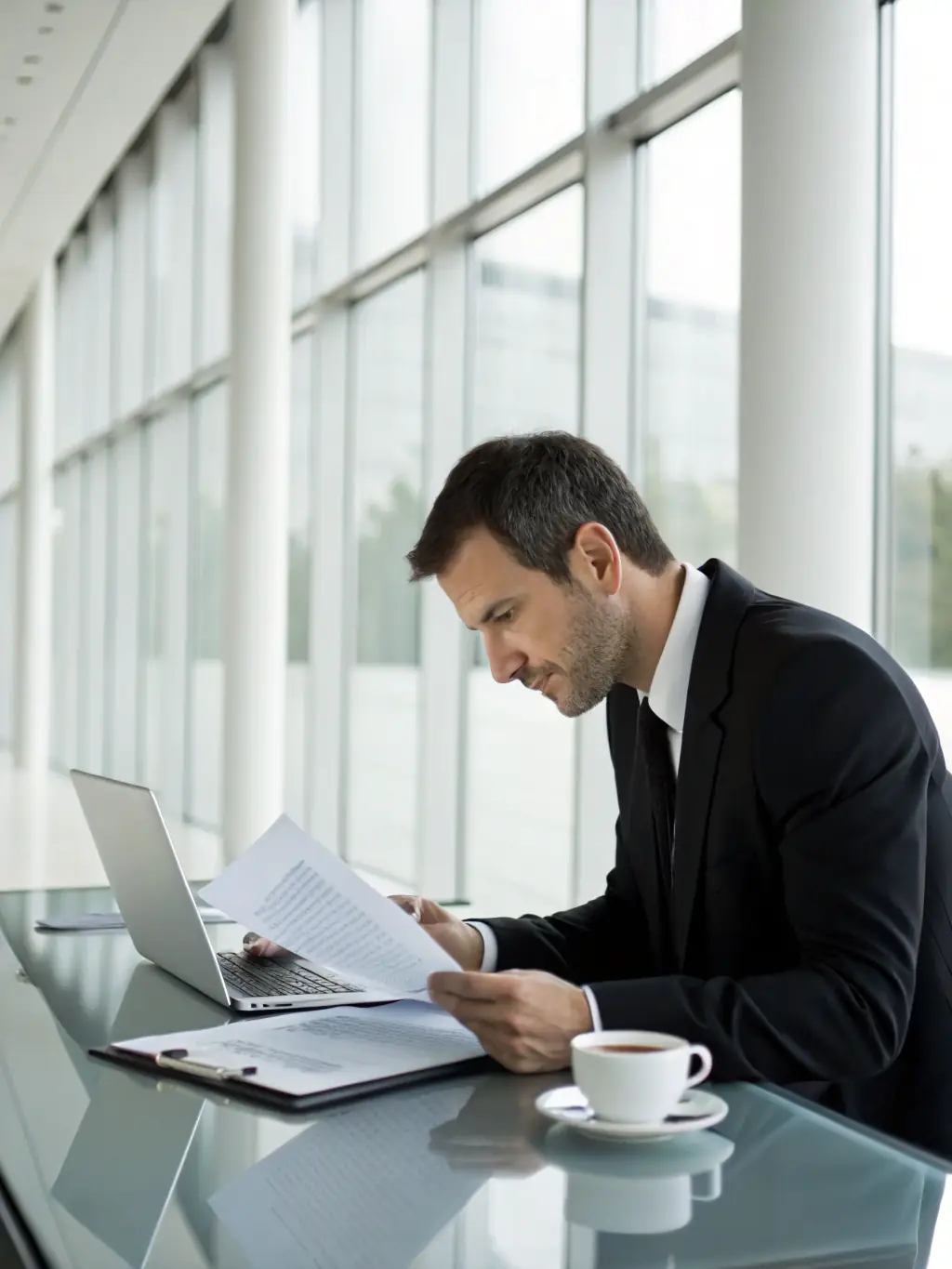 A consultant in a suit, sitting at a desk, reviewing a business strategy document with a client in a modern office setting, symbolizing strategic planning.